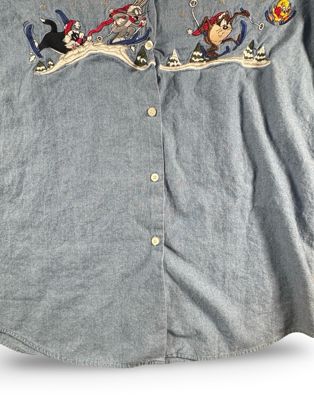 VTG 90's Looney Tunes Warner Bros. Studio Store Denim Button Up Shirt Size S - Picture 8 of 12